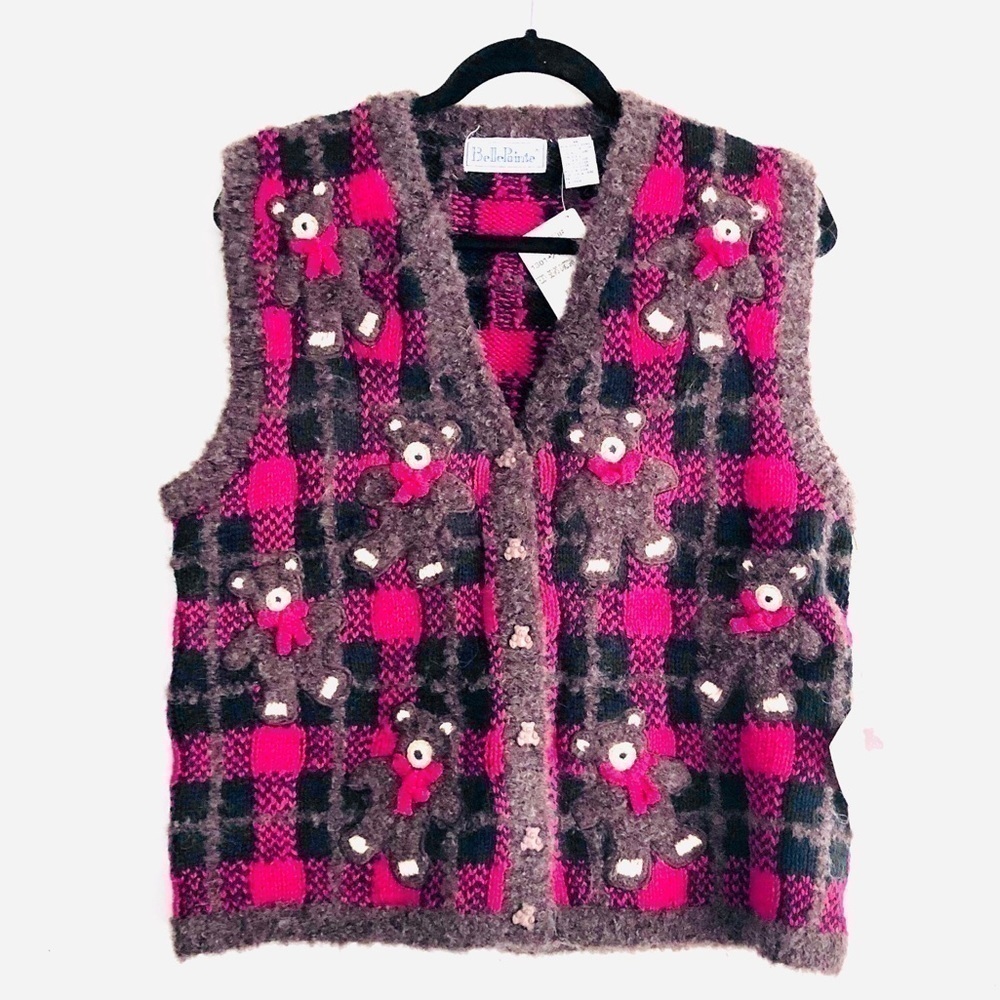 BellePointe Vest M NWT Teddy Bear Vintage Brown Grandma Retro Plaid Embroidered